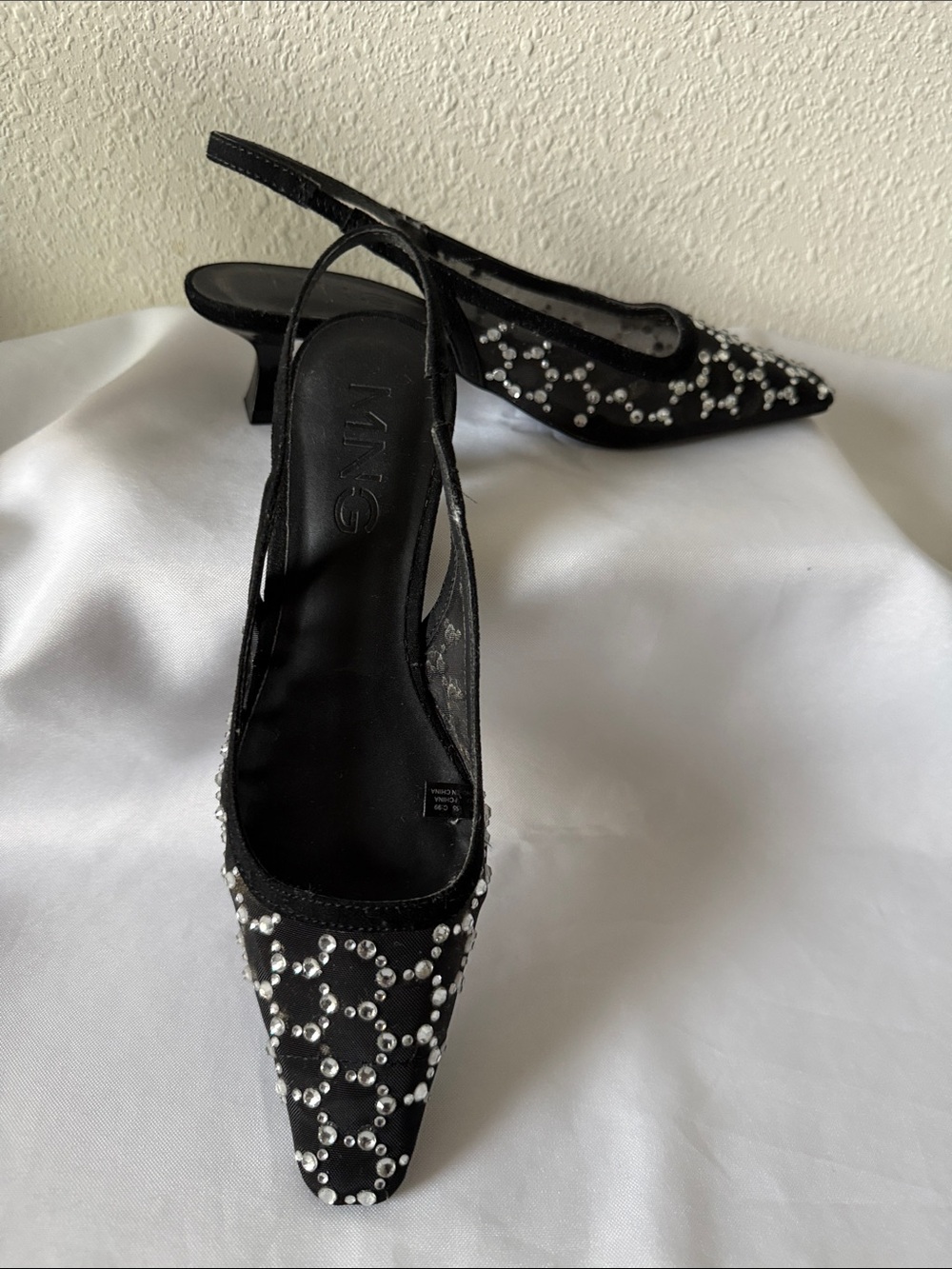 Mango Black Mesh Slingback Kitten Heels With Decorative Crystal Embellishments
